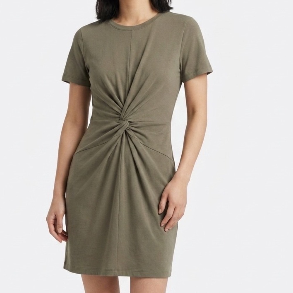 Theory Twist Front Short Sleeve T-Shirt Dress Olive Green Petite P‎ Crew Neck